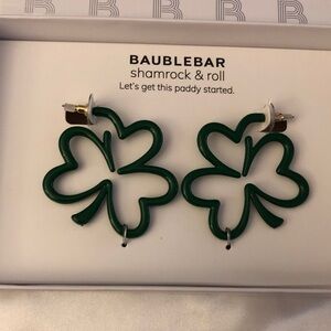 BaubleBar Shamrock & Roll Open Frame Green Shamrock Hoop Earrings NIB